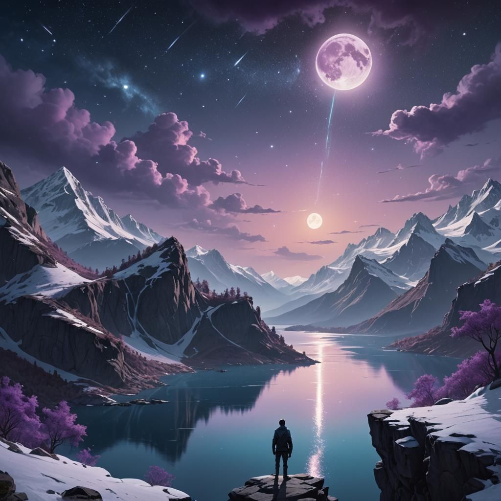 Moonlit Figure by Tranquil Lake: Fantasy Concept Art