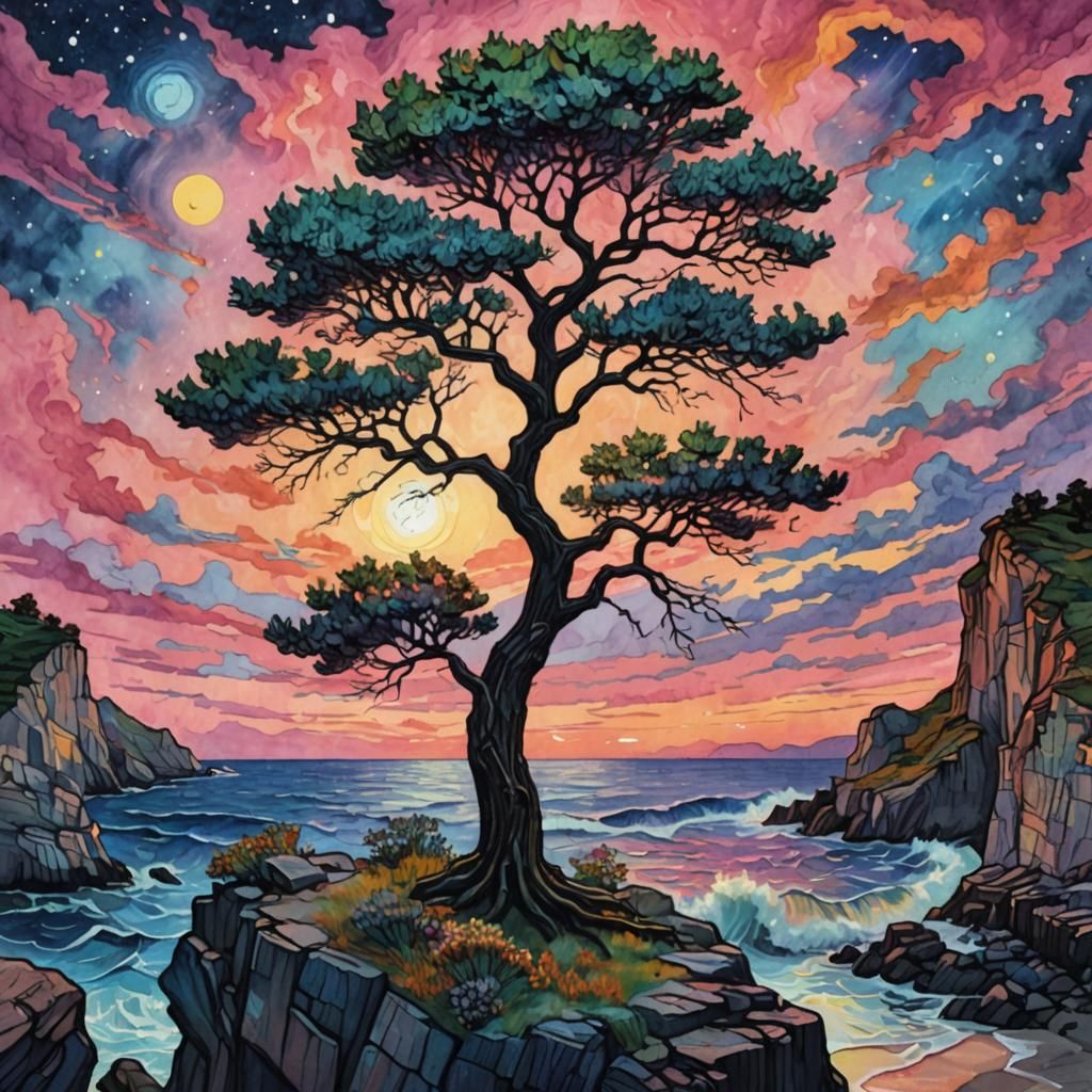 Gothic Tree on a Sunset Cliff in Voluminous Watercolors