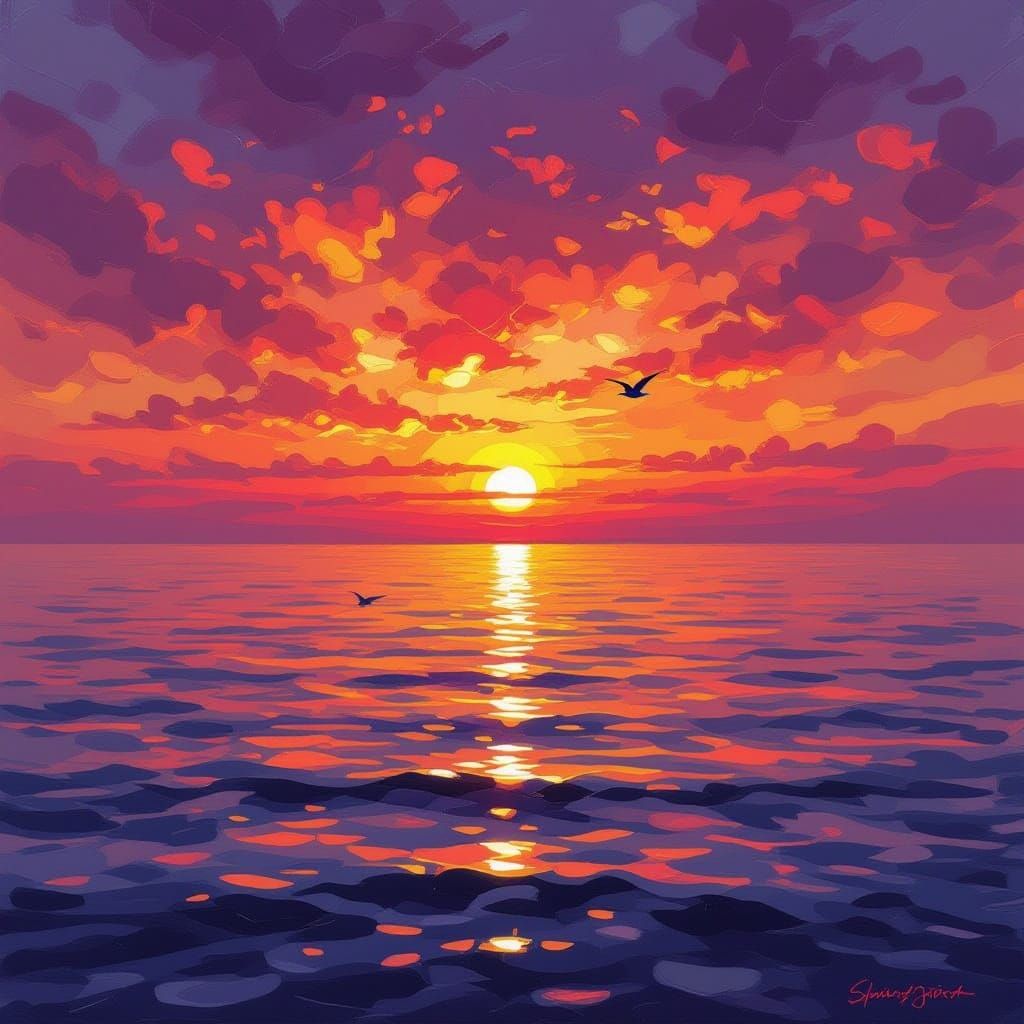 Vibrant Impressionistic Sunset Over Serene Ocean