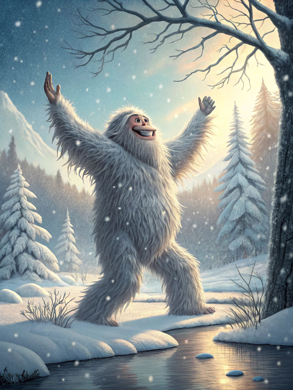 Happy Hyperfluffy Bigfoot in Frozen Winter Land