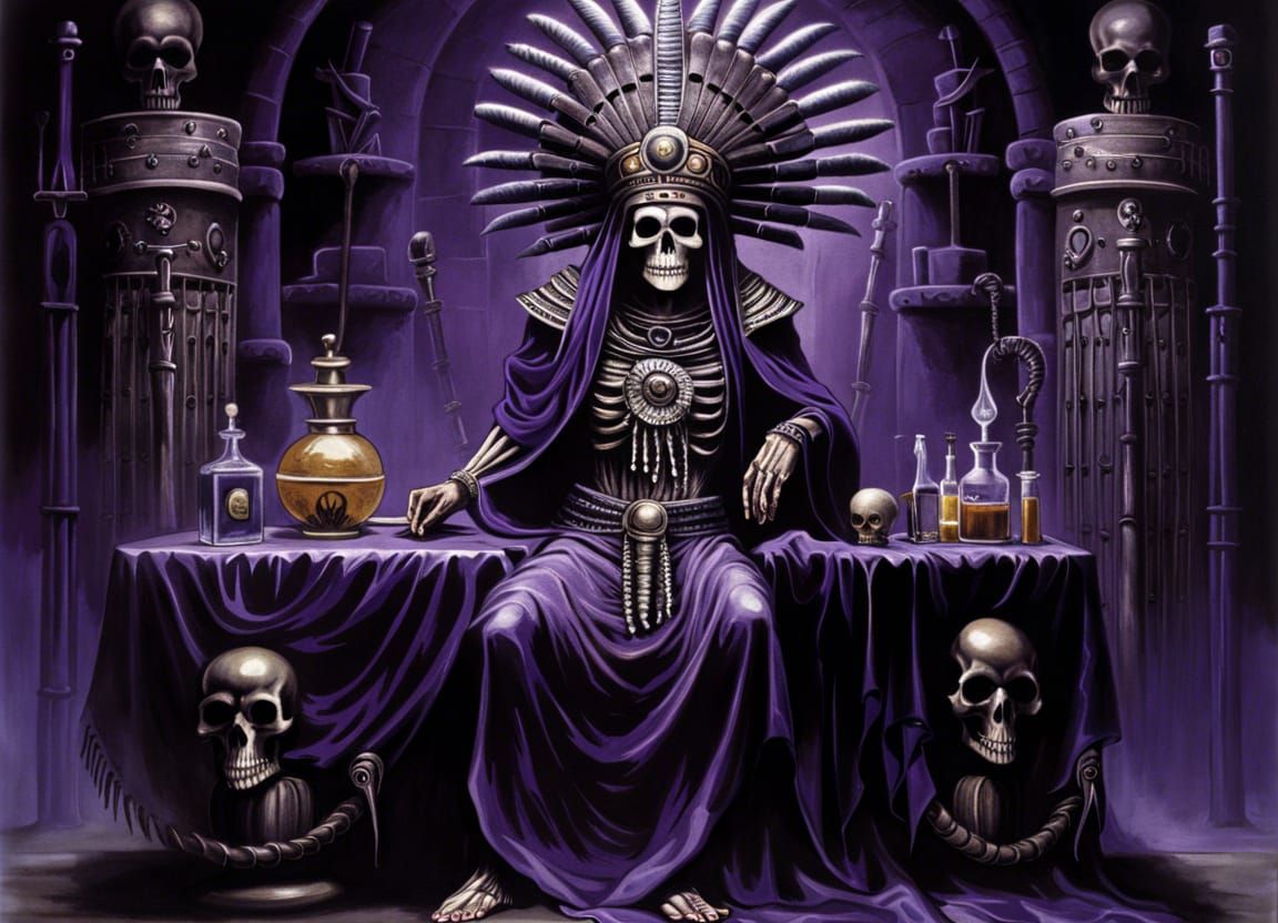 Aztec Skeleton Alchemist in a Sinister Lab