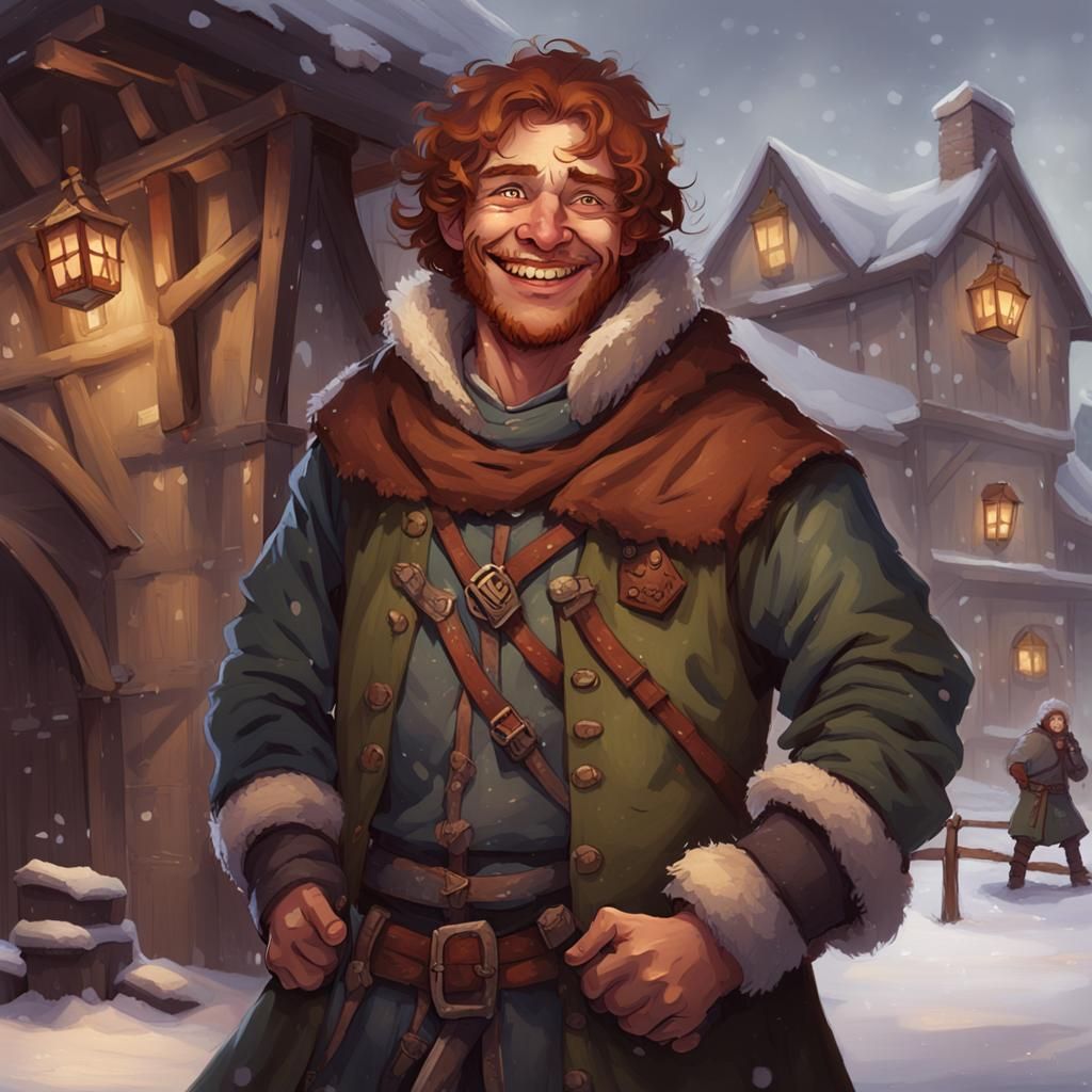 Handsome Adventurer Smiles in Medieval Winter Portrait