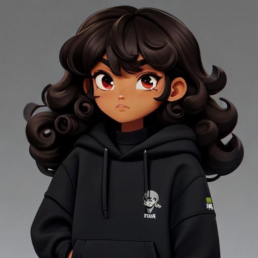 a black girl with dark brown curly hair in a black hoodie