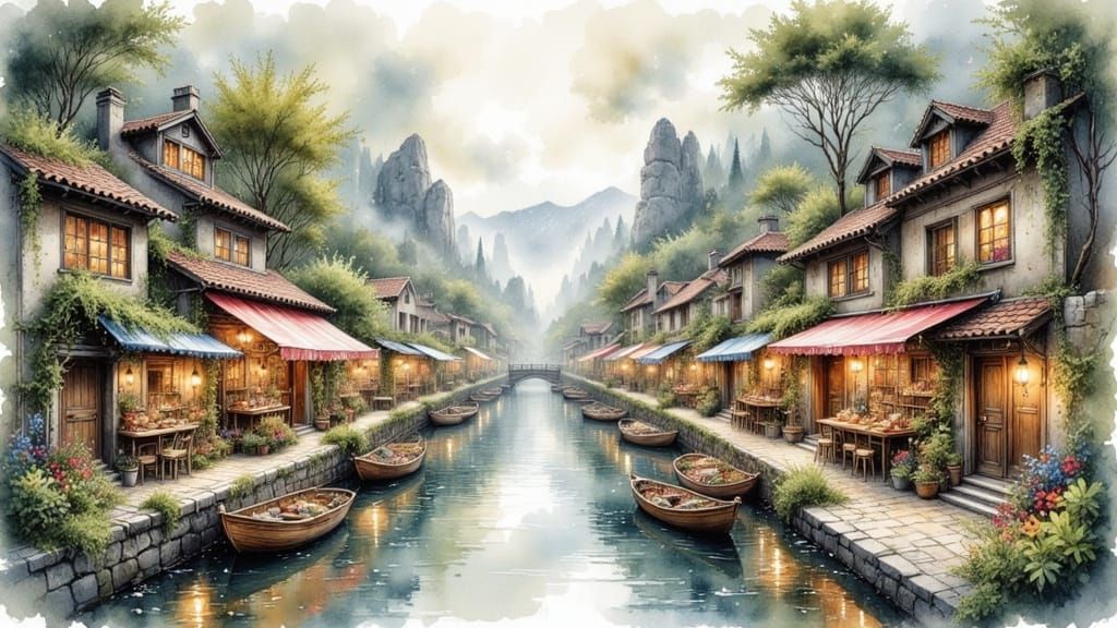 Dreamy Watercolor Village in Misty Mountains