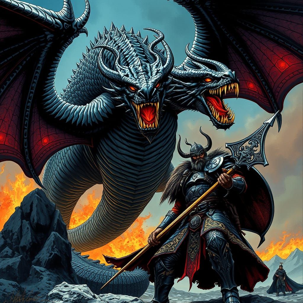Gigantic Three-Headed Dragon Attacks Viking Warrior in Dark ...
