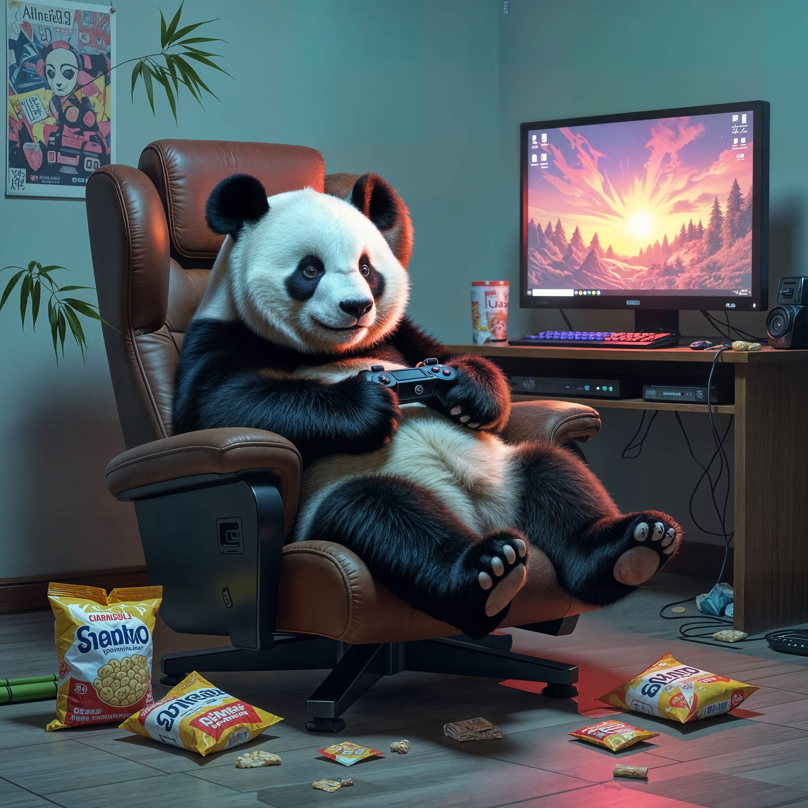 Hyperrealistic Panda Gamer in Cozy Bedroom