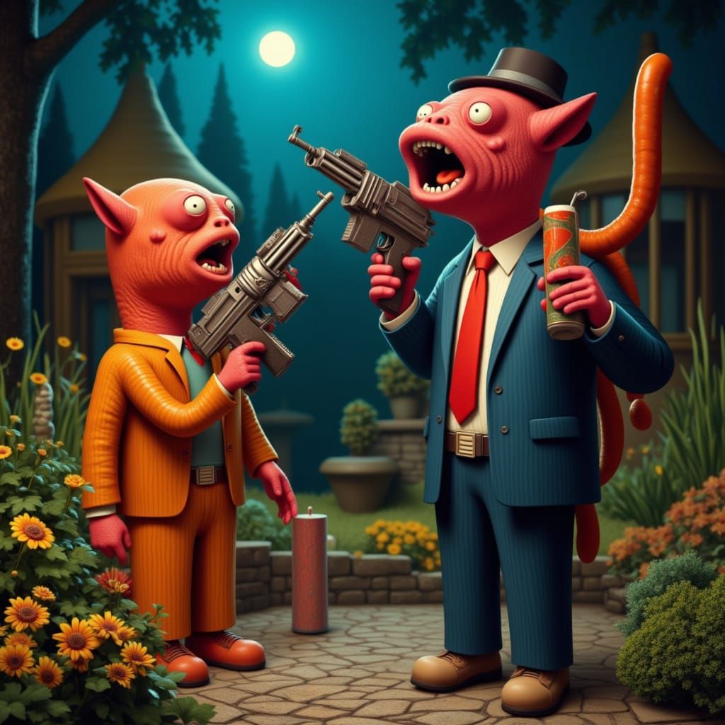 Stop-Motion Garden Scene: Tentacled Character and Sausage Gu...