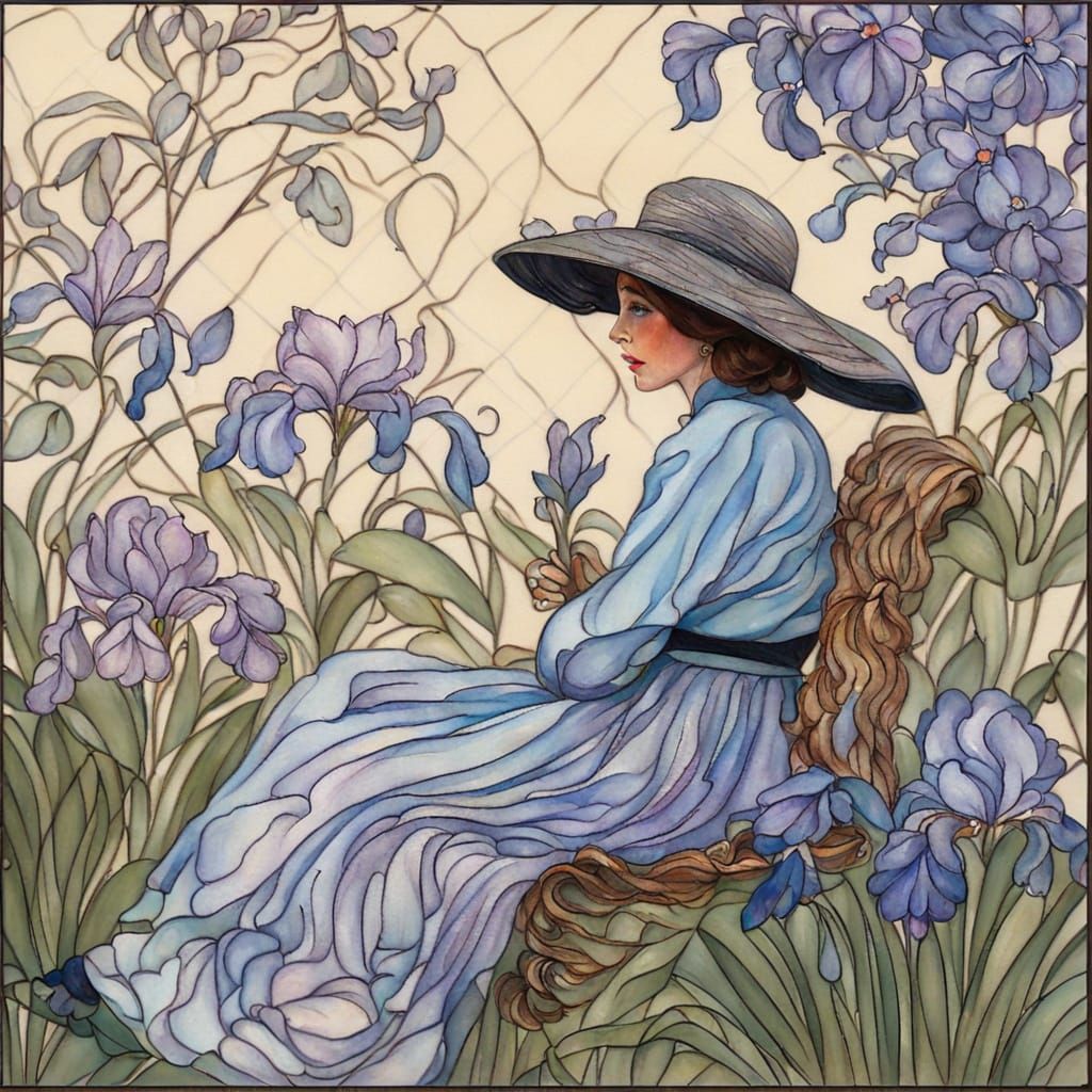 Ethereal French Woman Sits Amidst Vibrant Iris Blooms in Imp...