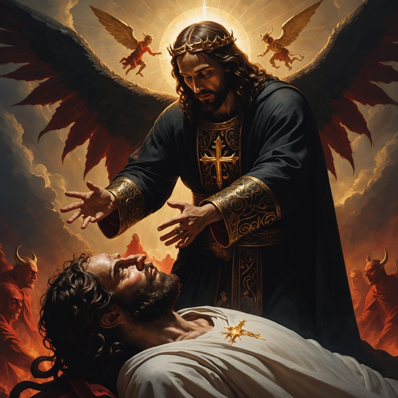 Christ Heals Demon in Hyperrealistic Dramatic Style