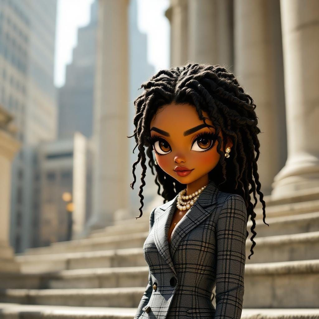 Chibi Woman in Houndstooth Suit, Hyper-Realistic Digital Art