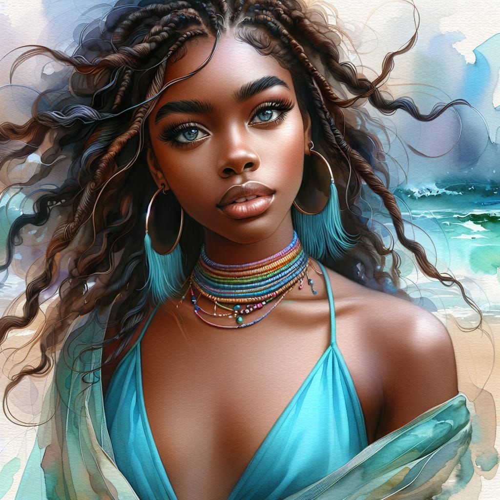 Watercolor Style Digital Painting of Woman in Swimsuit