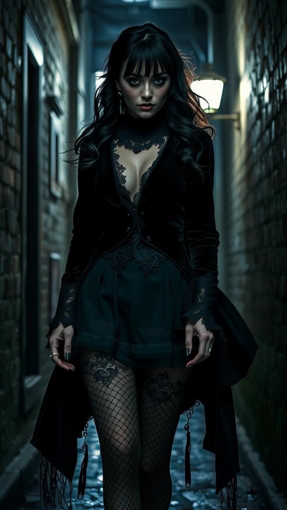 Gothic Woman in Dim Alleyway, Giger-Inspired