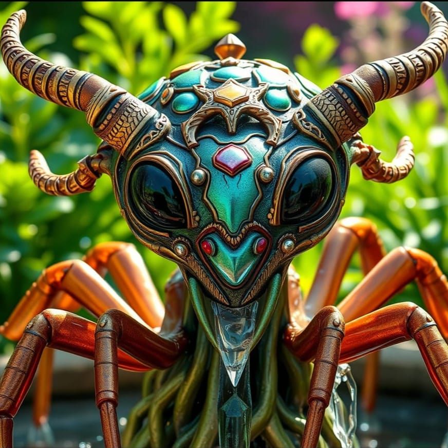 Bizarre 3D Alien Sculpture in Sunlit Garden