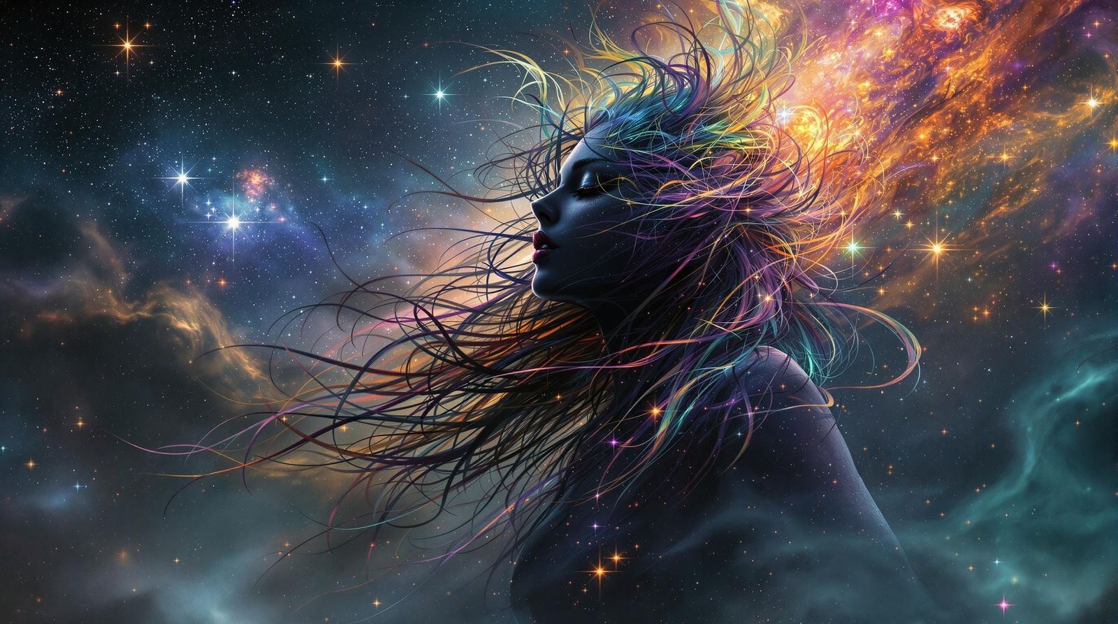 Cosmic Dark Goddess with Mesmerizing Rainbow Hair