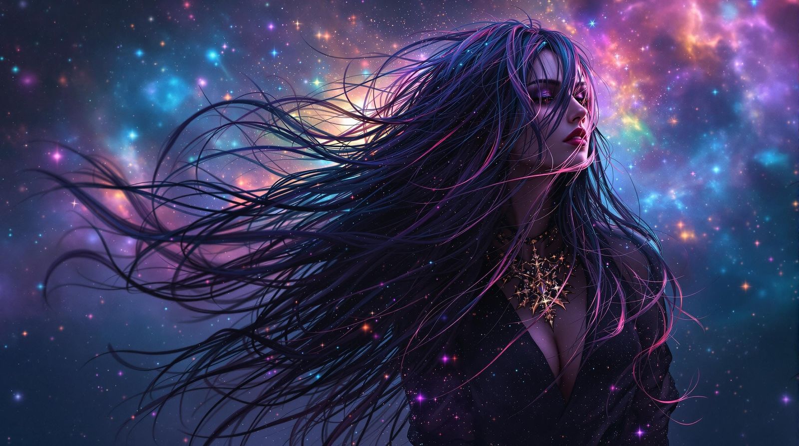 Ethereal Cosmic Goddess Reigns Over Starry Skies