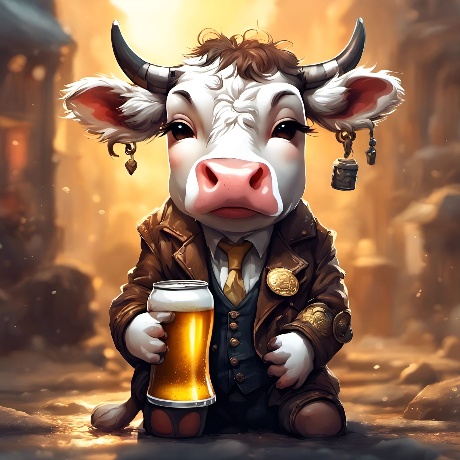 Chibi Cow with Beer in Detailed 3D Render
