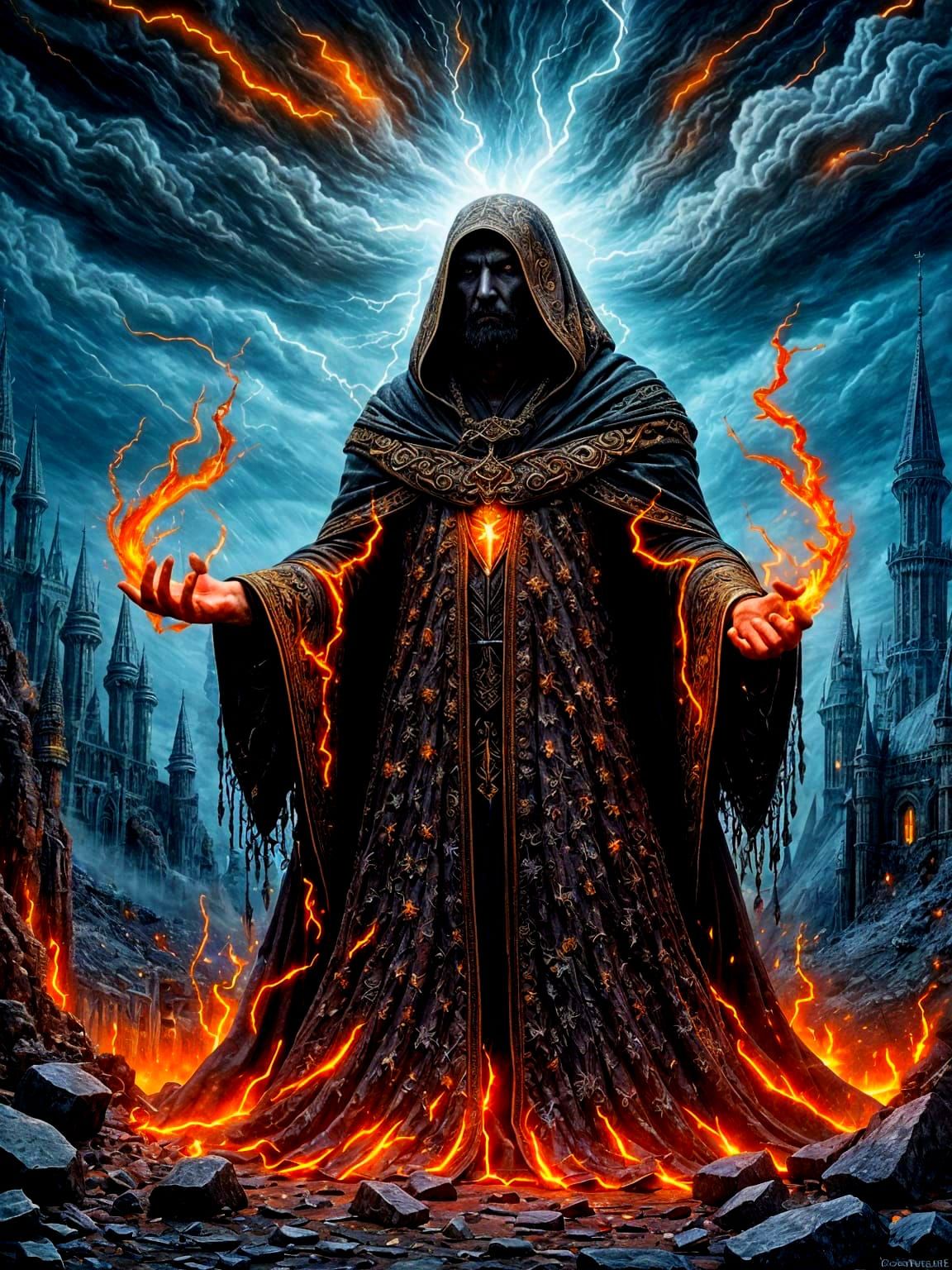 Dark Sorcerer Conjures Magic Above Ruined Castle