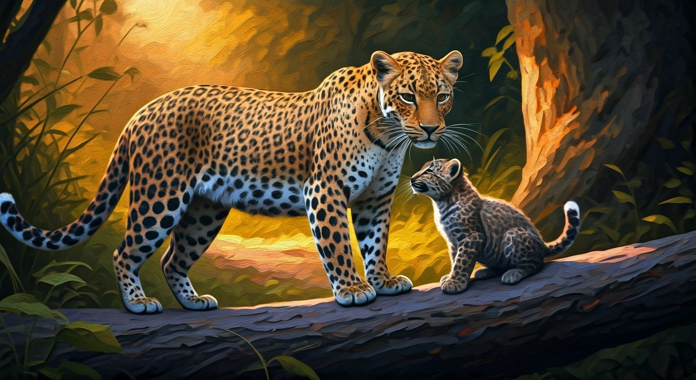 Female Leopard with Cubs in Impressionist Gouache Style