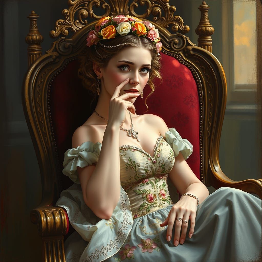 Princess on Throne in Rockwell, Repin, and Brom Style