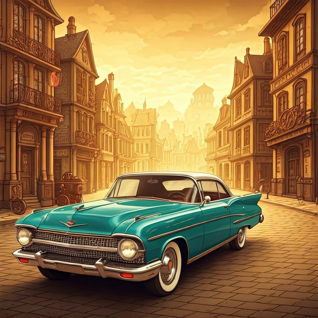 Steampunk Cartoon Town with Vintage American Car