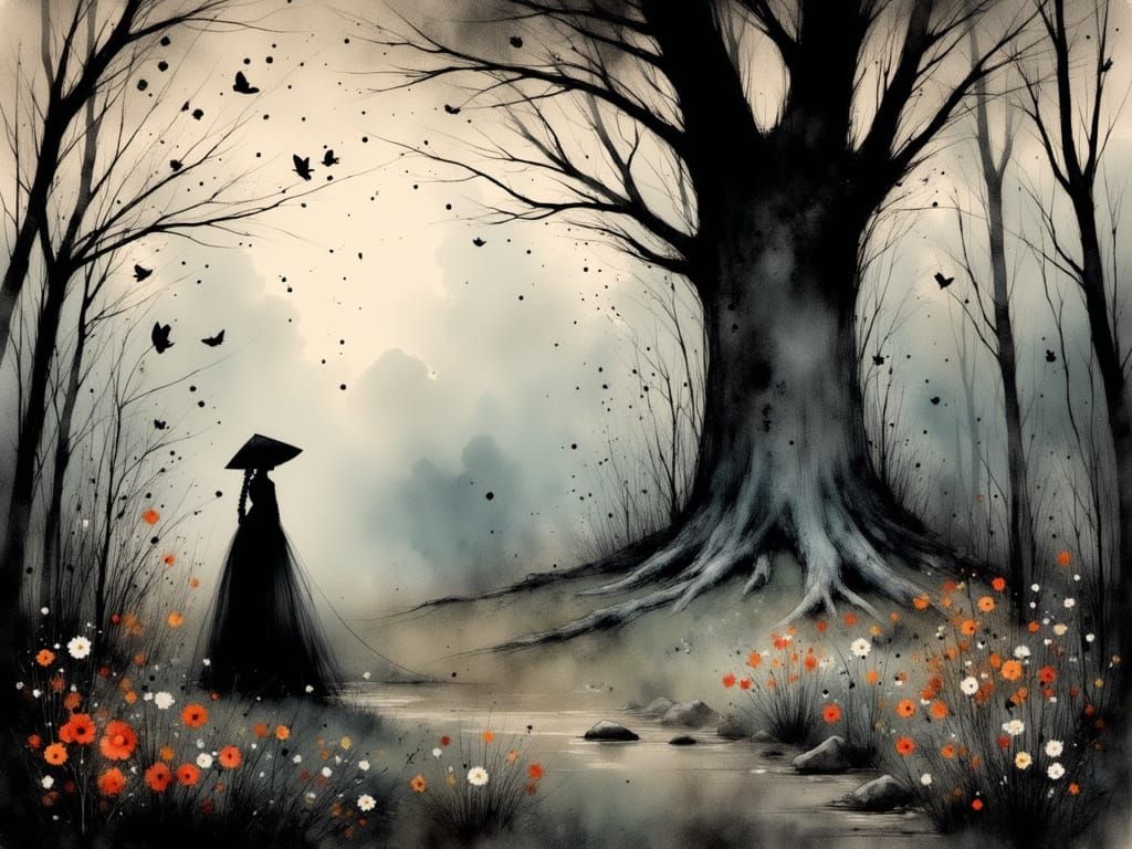 Surreal Landscape in Dark, Muted Charcoal and Ink