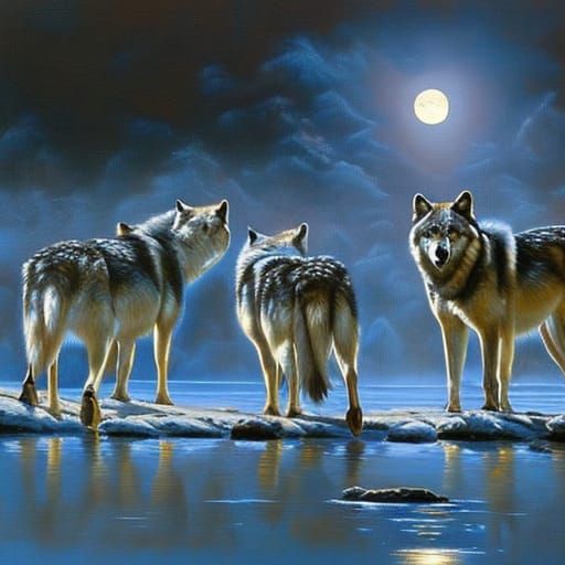 Wolf pack, under a full moon 2
