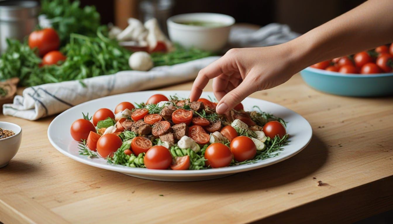 Artful Food Photography: Hands Preparing Vibrant Dish