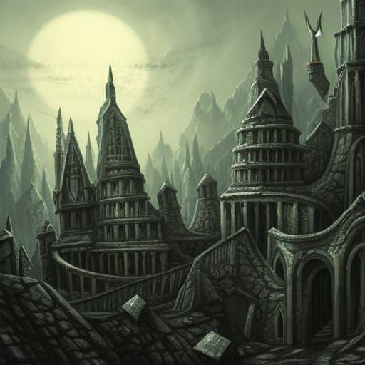 Sinister Abandoned City in Mountains as Fantasy Painting