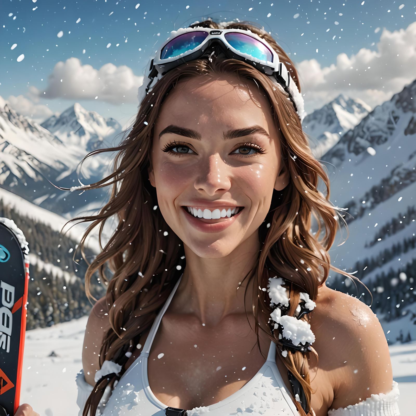 Snowy Mountain: Cartoon Woman in Bikini, 3D Render