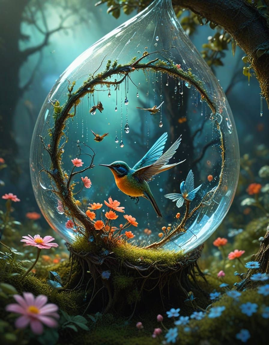 Whimsical Dewdrop Wonderland in Vibrant Triadic Colors