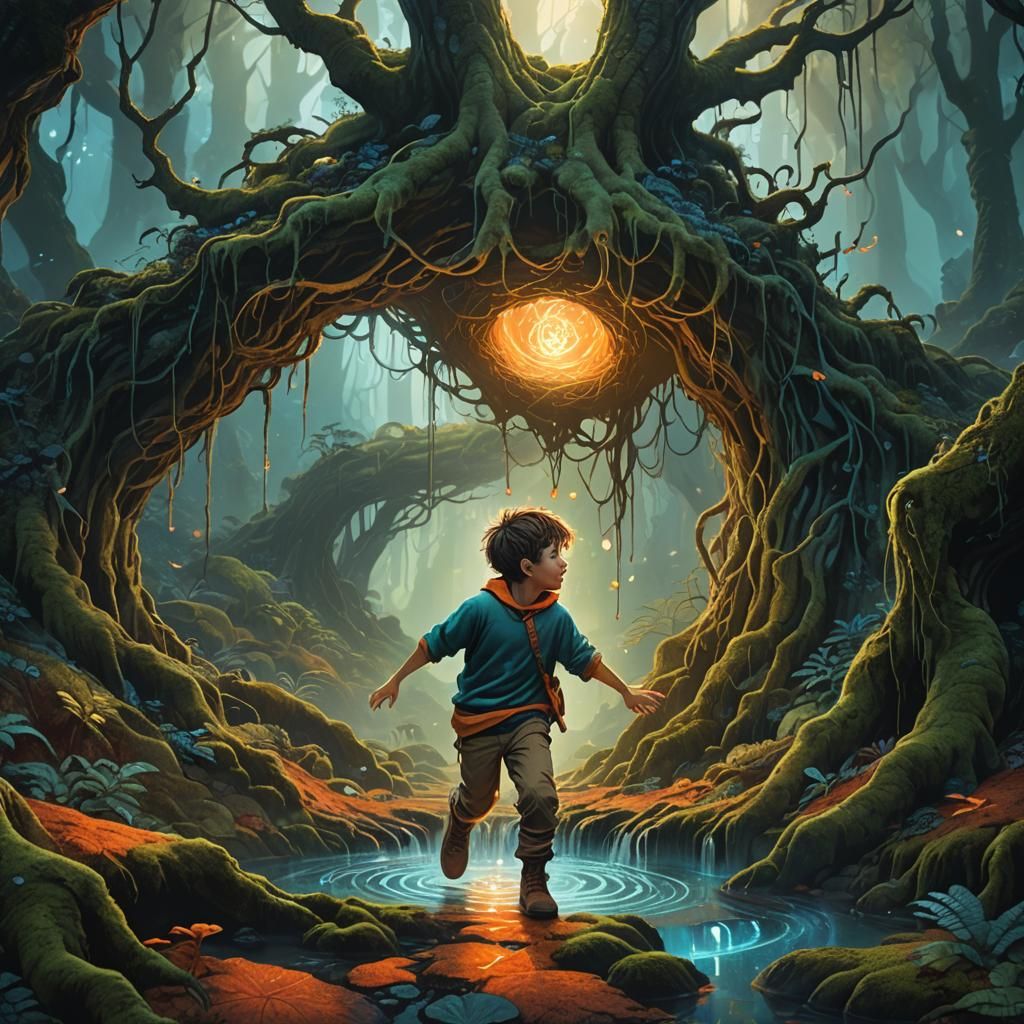 Boy Falls into Mystical Forest: Fantasy Concept Art