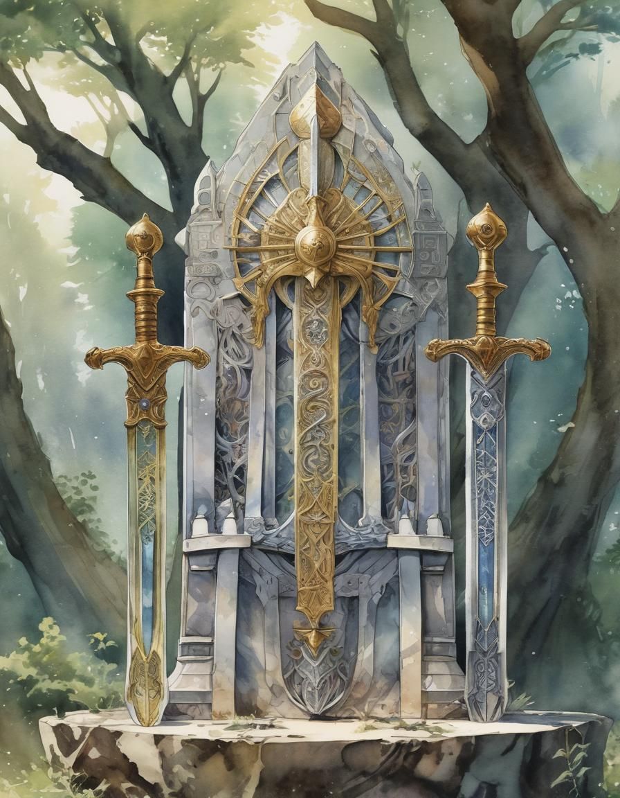 Sword Throne: Ghibli-Style Watercolor with Metallic Reflecti...