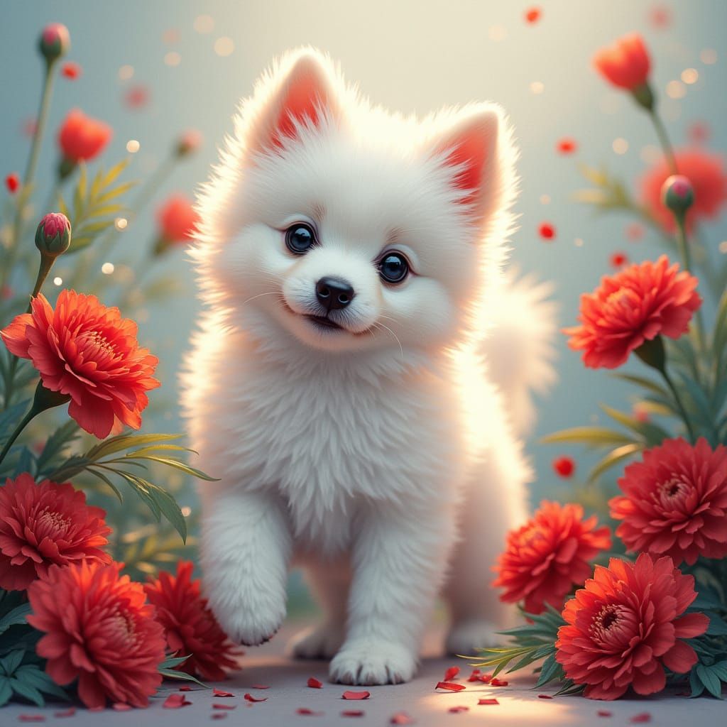 Surreal Japanese Spitz Puppy amidst Vibrant Crimson Carnatio...