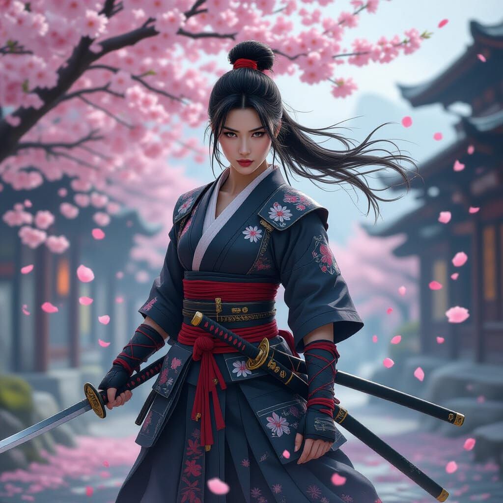 Japanese Ninja Woman with Cherry Blossoms