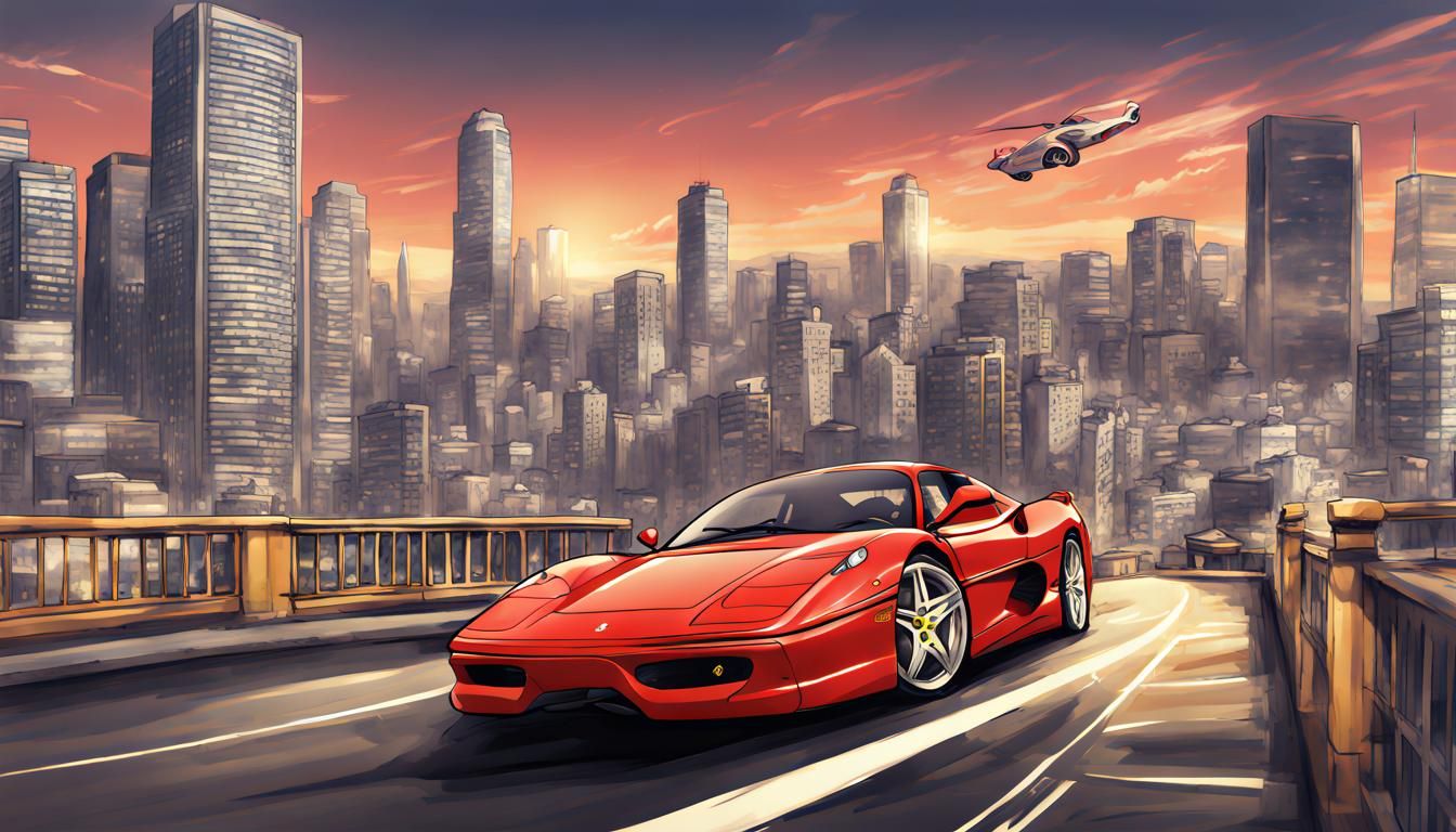 Ferrari Supercar in Anime Style Cityscape