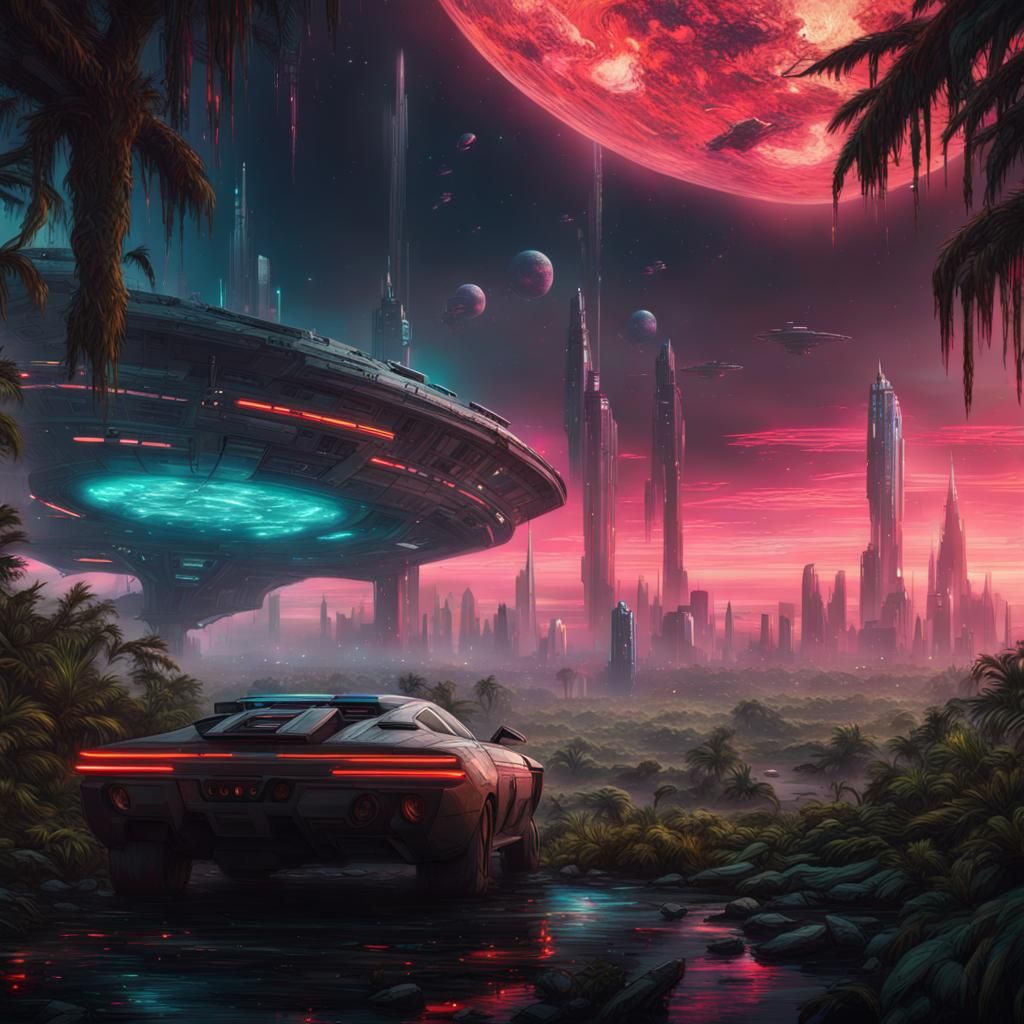 Cyberpunk Jungle Space Battle in Neon Galaxy