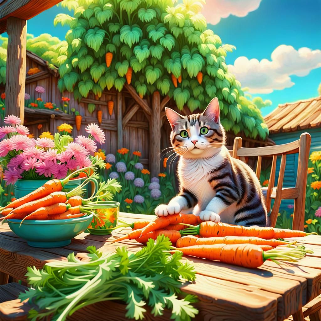 Cute Cat Eating Carrots in Whimsical Anime Style