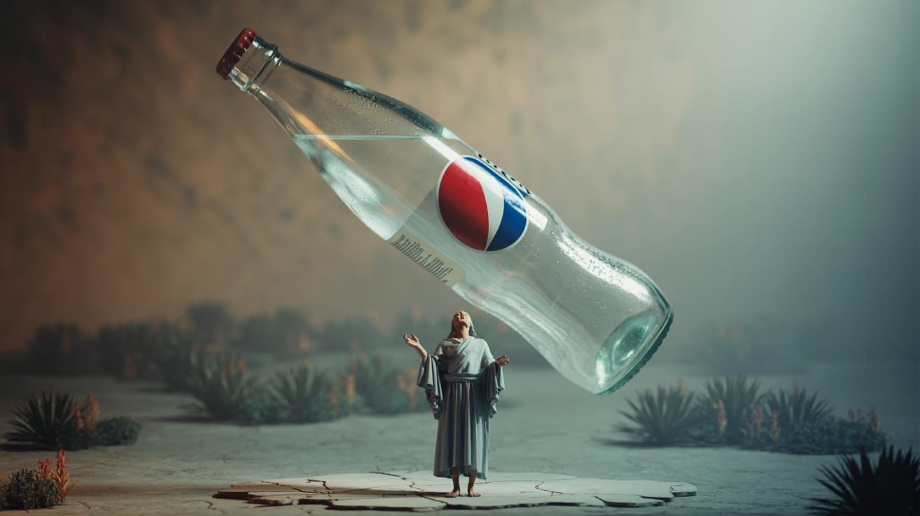 Vintage Pepsi Bottle Levitates Above Reverent Figure