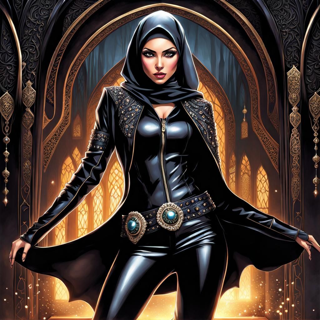 Gothic Muslim Woman in Black Leather, Splash Art