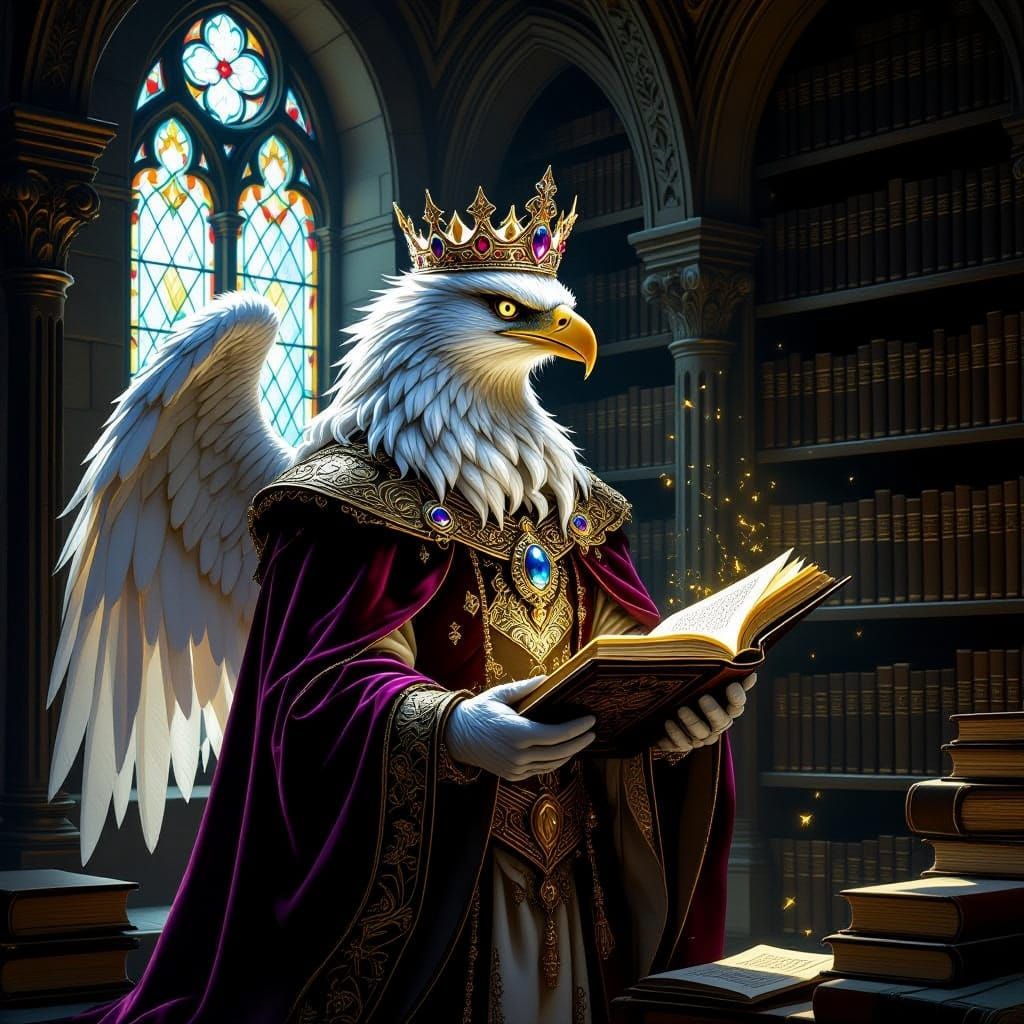 Majestic Griffin Guards Ancient Library in Oil Painting Styl...