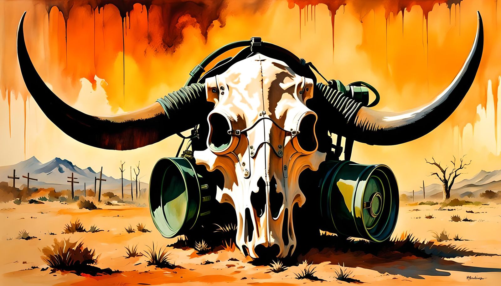 Surreal Longhorn Skull with Gas Mask in Watercolor