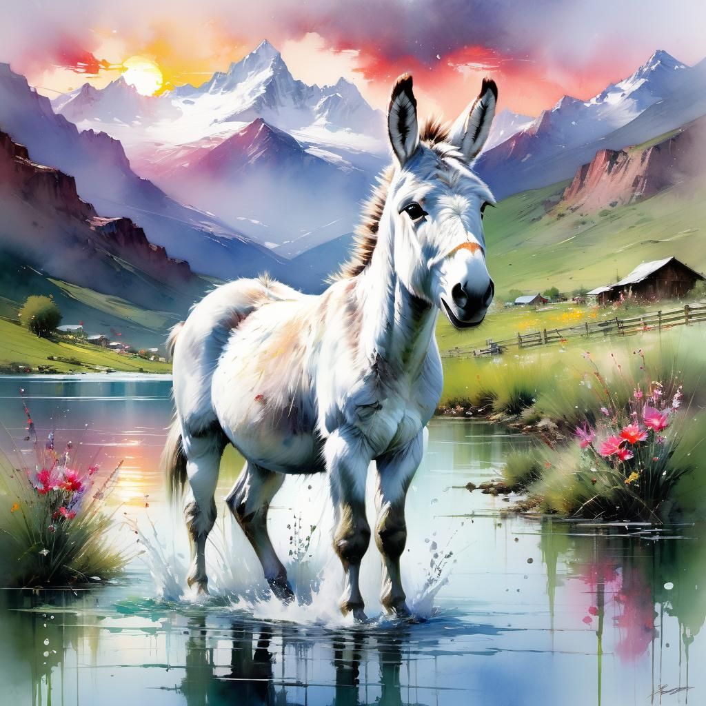 Watercolor Baby Donkey in Mountain Landscape
