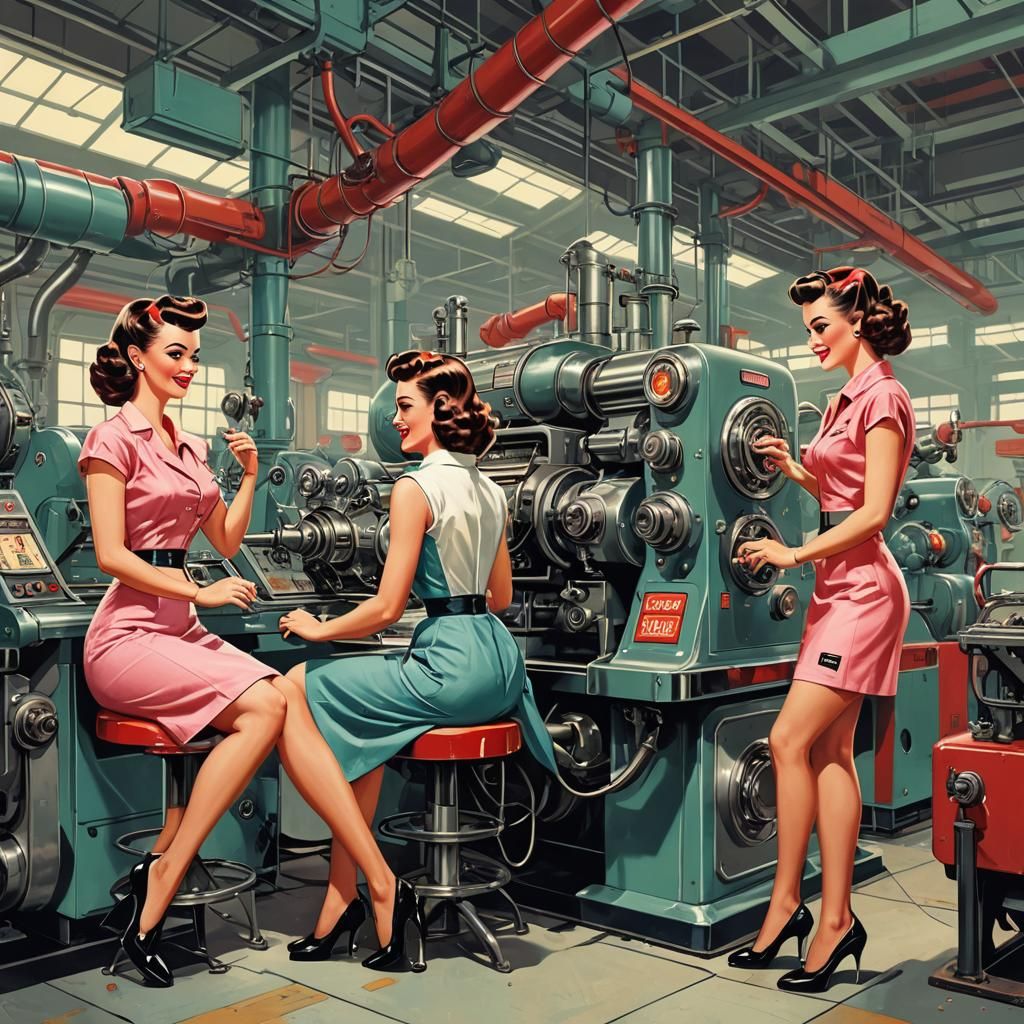 Retro-Futuristic Factory Scene with Pinup Girls