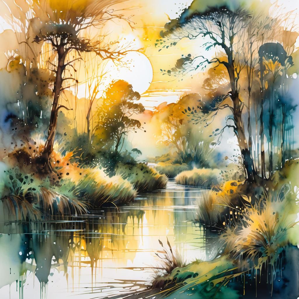 Ethereal Watercolor Sunrise Over Woodland River
