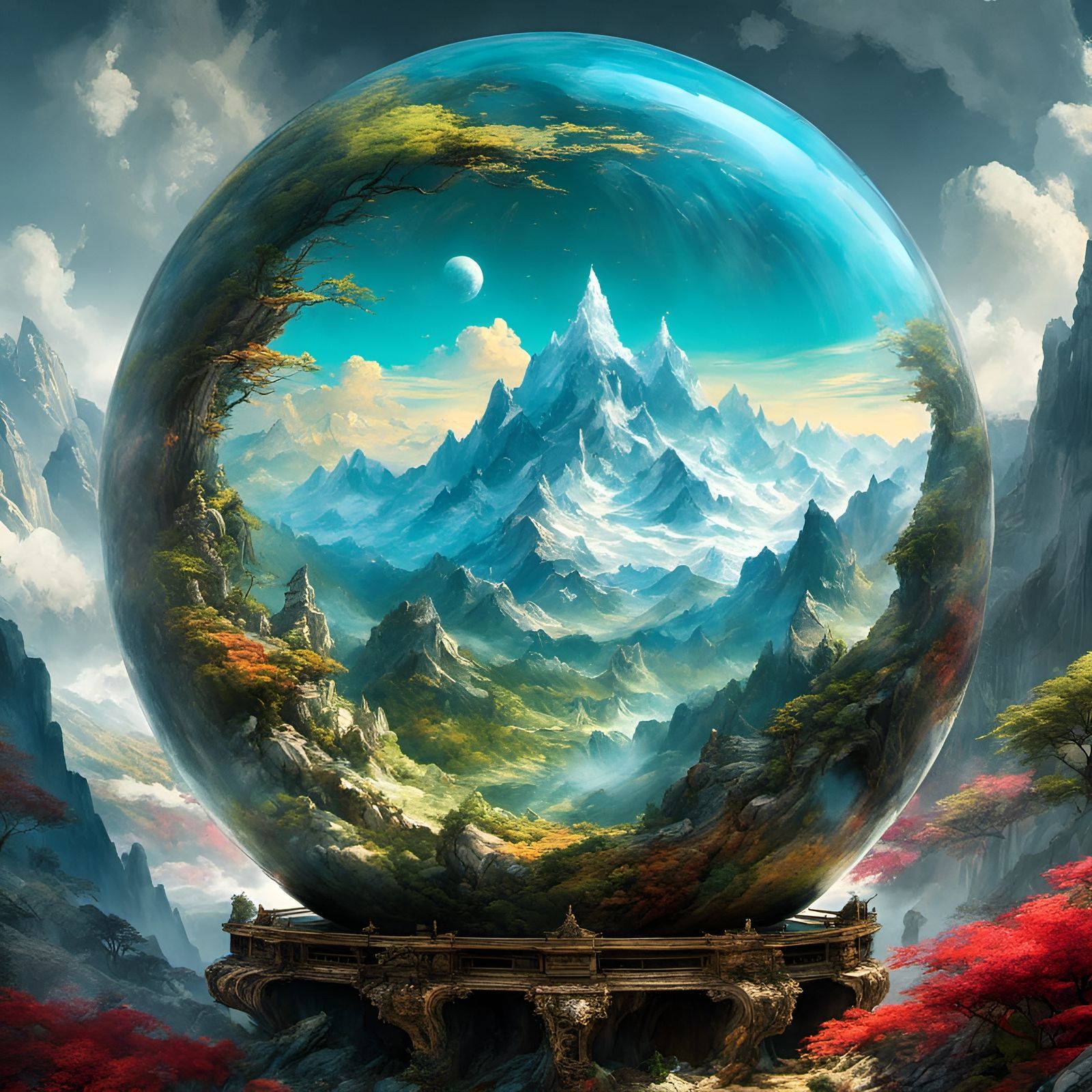 Enchanted Mountains in Glass Sphere: Fantasy Masterwork