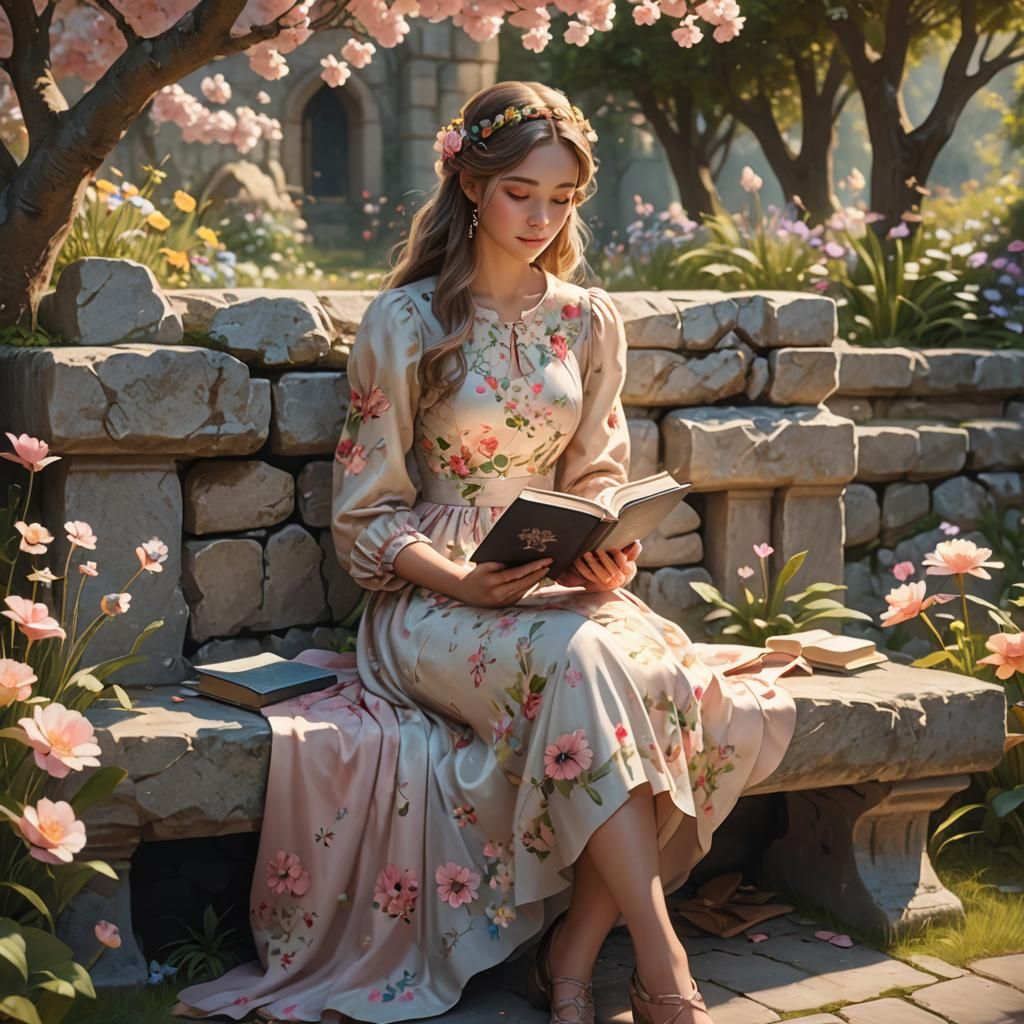 Girl Reading Book in Mystical Blooming Garden