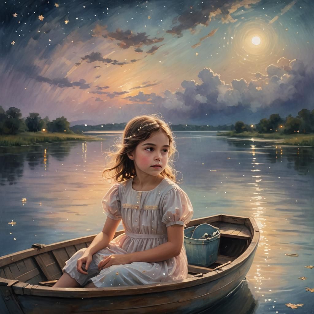 Impressionistic River Scene with Girl in Boat