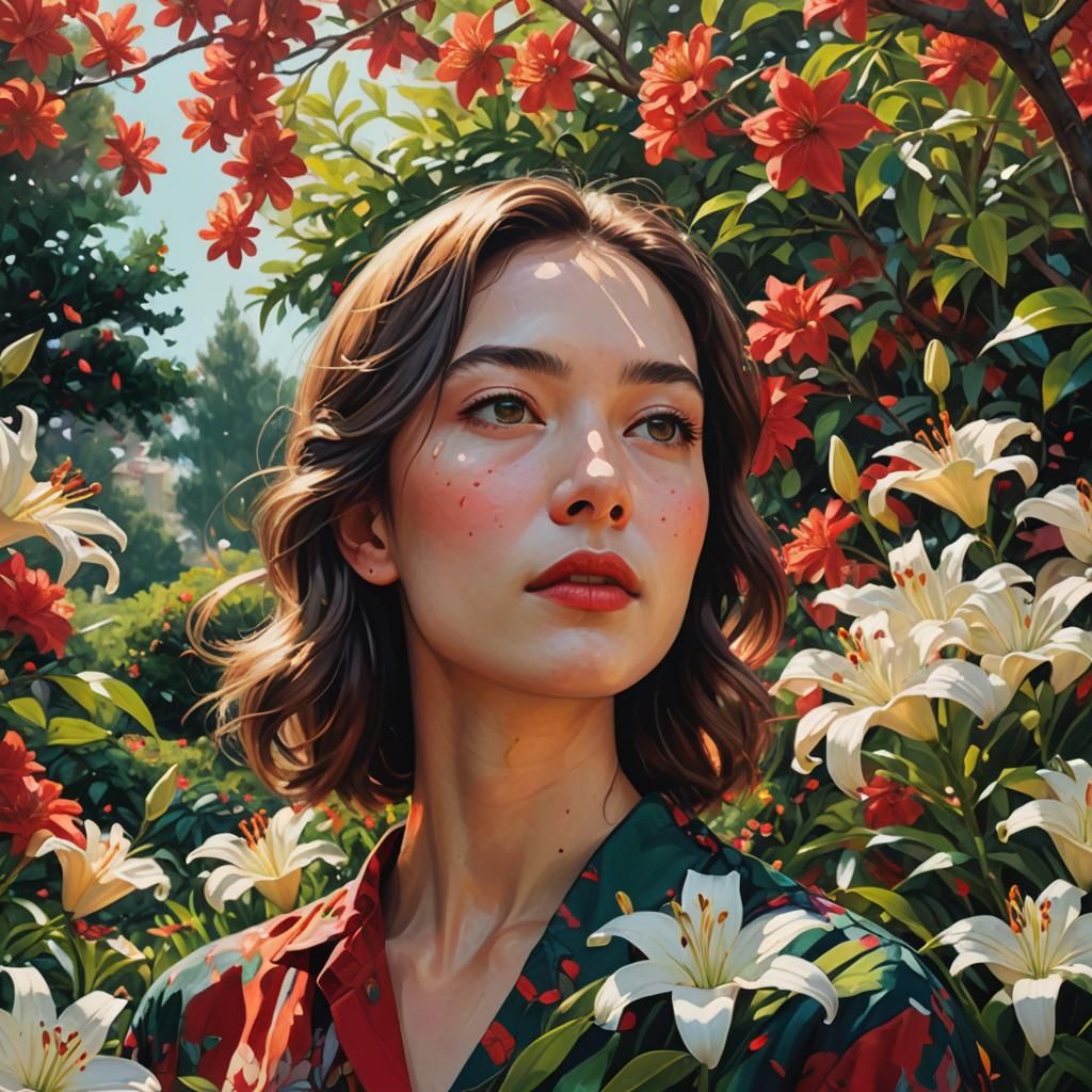 Woman in Garden of Blossoms: Splash Art Style