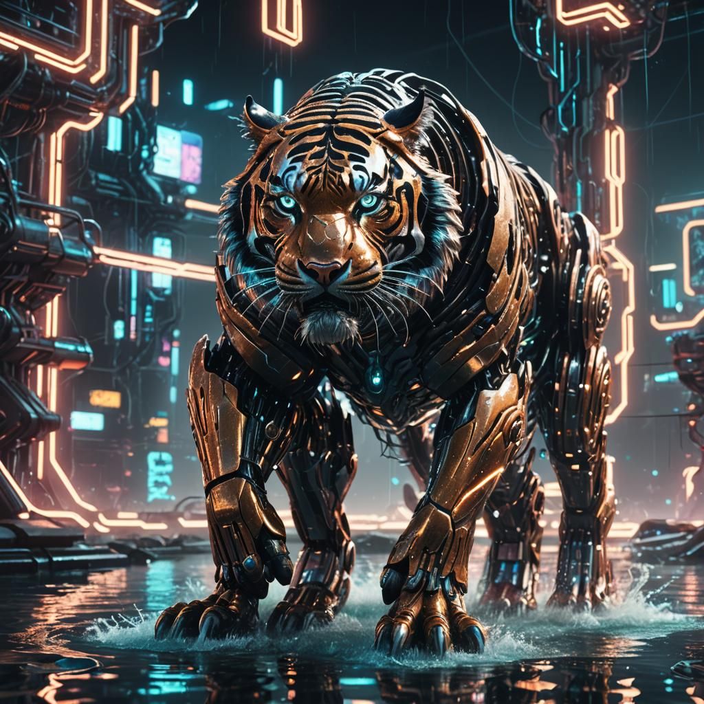 Cybernetic Tiger in Sci-Fi Cityscape