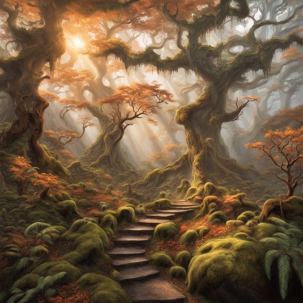Mystical Forest Path in Ethereal Light